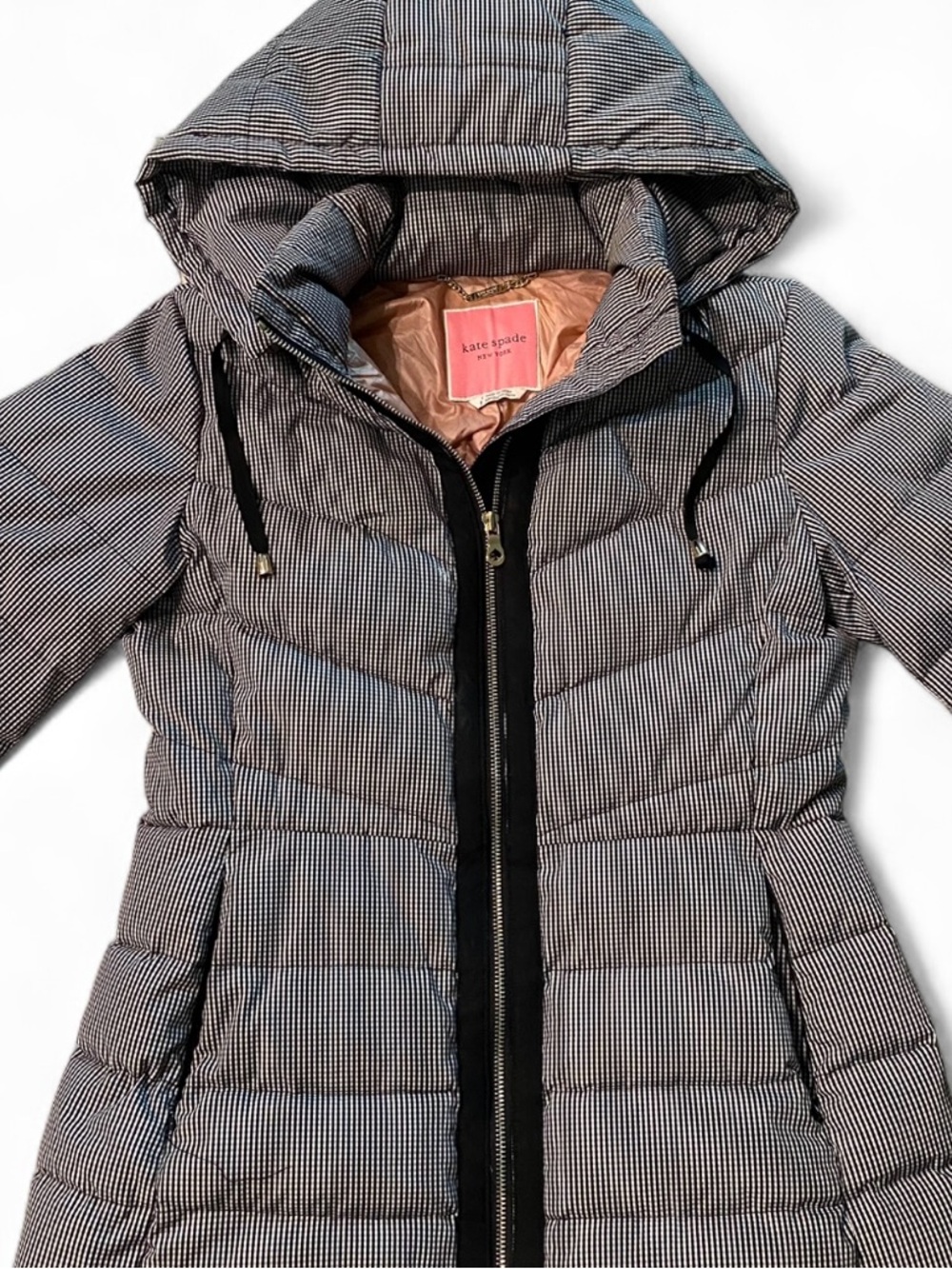 Kate Spade Black & White gingham Duck Down Puffer Coat removable Hood
